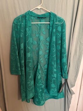 Nina Leonard Teal Open-Front Lace Cardigan